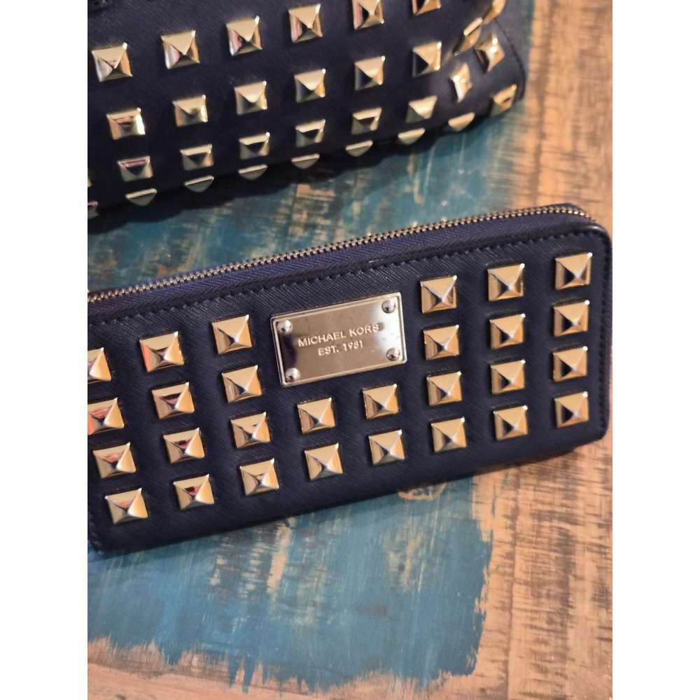 Michael Kors Grayson Navy Saffiano Leather Studded Satchel Bag and Wallet Set - Picture 2 of 10